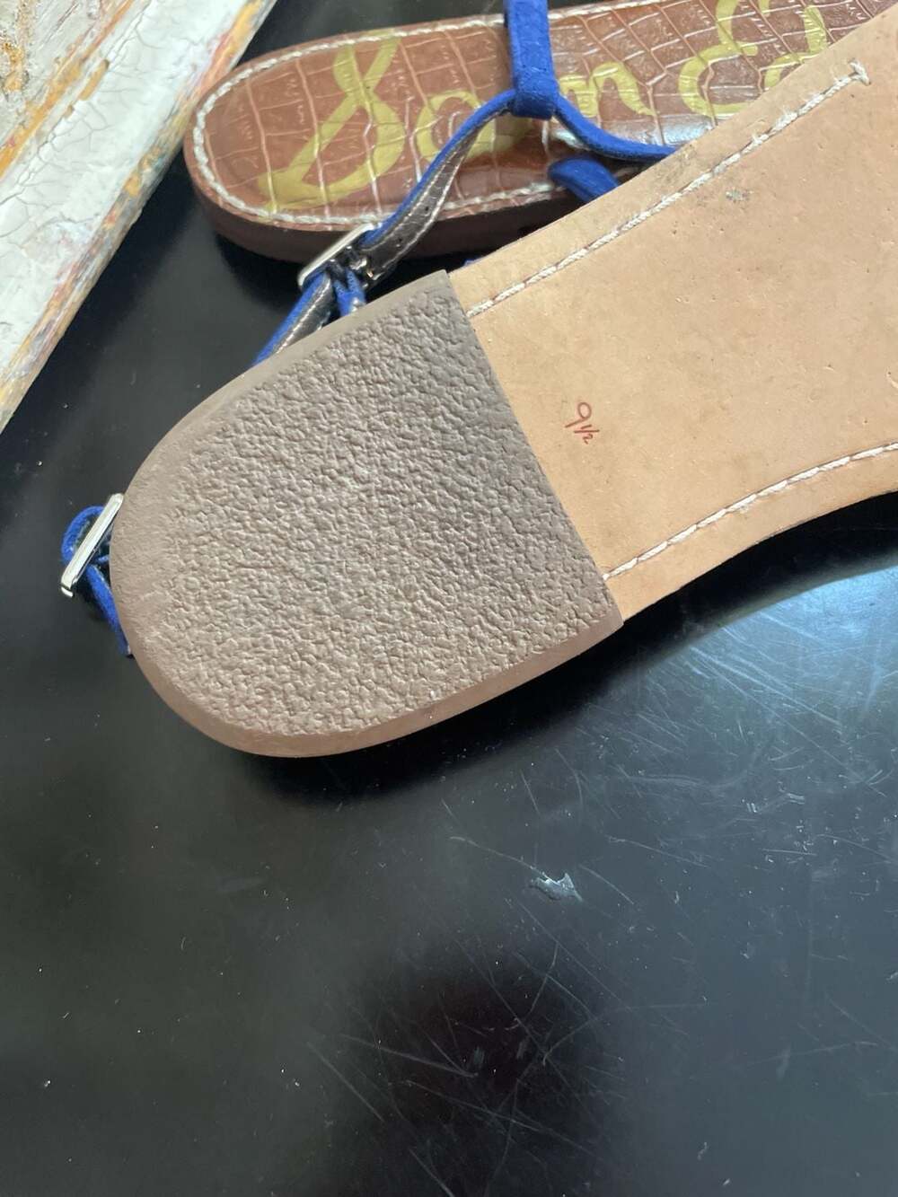 Sam Edelman Gigi Blue Suede Croc Embossed T-Strap Sandals Size 9.5 - Picture 6 of 9